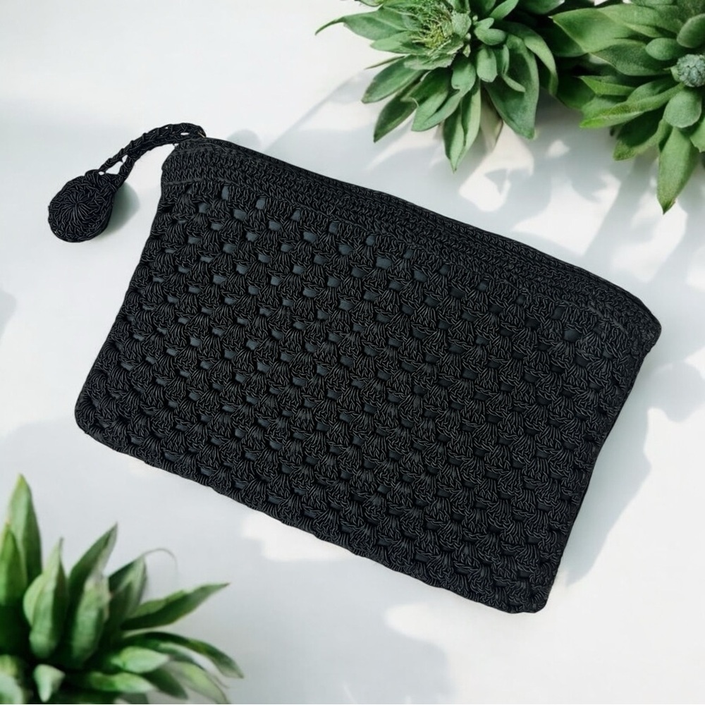 Vintage 1950s Black Crochet Clutch Purse Mid Century Evening Bag Segalock